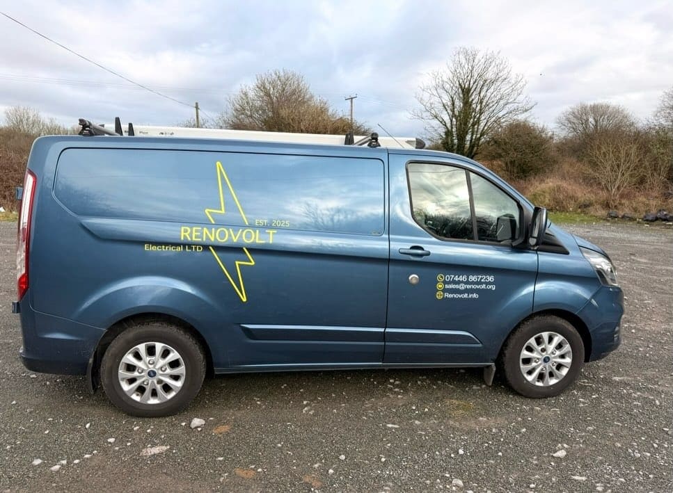 The Renovolt Electrical van, sign-written with the lightning logo
